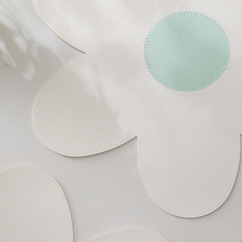 White Background With Blue Heart + Yellow Heart Set of 6 Reversible Flower Shaped Placemats - Waterproof PU Leather Dining Table Mats