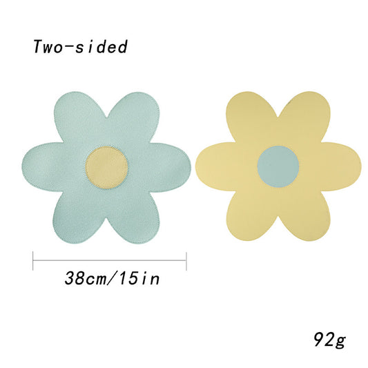 Blue Background With Yellow Heart + Yellow Background With Blue Heart Set of 6 Reversible Flower Shaped Placemats - Waterproof PU Leather Dining Table Mats