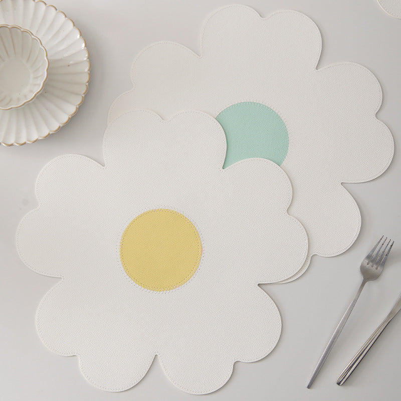 Blue Background With Yellow Heart + Yellow Background With Blue Heart Set of 6 Reversible Flower Shaped Placemats - Waterproof PU Leather Dining Table Mats