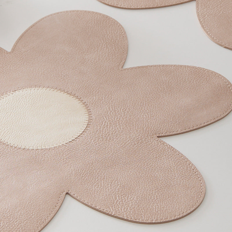 Blue Background With Yellow Heart + Yellow Background With Blue Heart Set of 6 Reversible Flower Shaped Placemats - Waterproof PU Leather Dining Table Mats