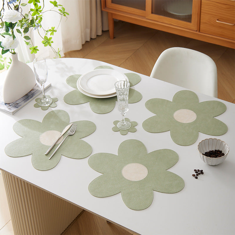 Blue Background With Yellow Heart + Yellow Background With Blue Heart Set of 6 Reversible Flower Shaped Placemats - Waterproof PU Leather Dining Table Mats