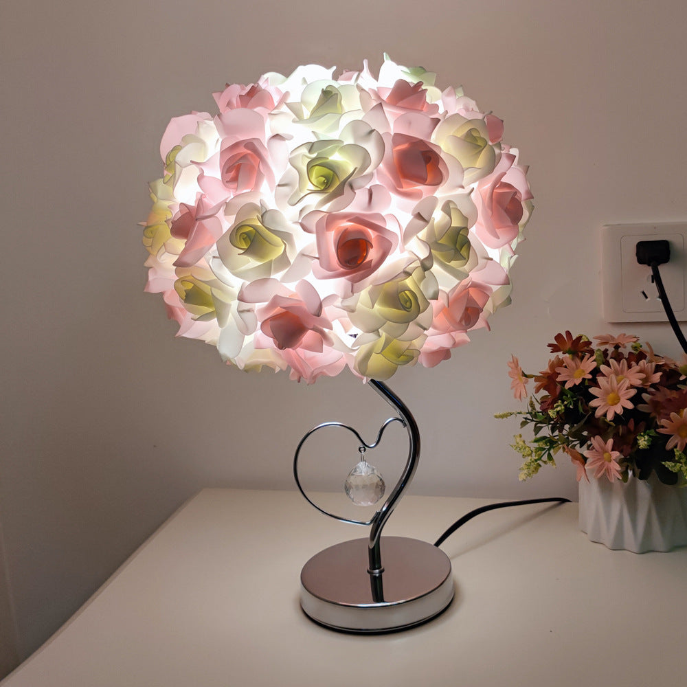 Pink,Green Roses And Silver Base Romantic Red Rose Flower Table Lamp - Crystal Heart Accent Bedside Night Light