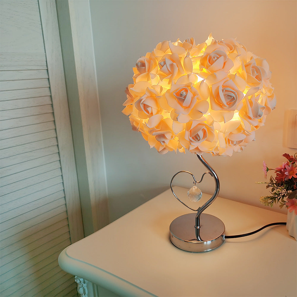 Pink,Green Roses And Silver Base Romantic Red Rose Flower Table Lamp - Crystal Heart Accent Bedside Night Light
