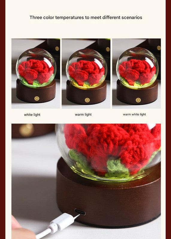 Orange Rose Handcrafted Crochet Flower LED Night Light - USB Rechargeable Glass Dome Lamp with Wood Base, 3 Color Modes