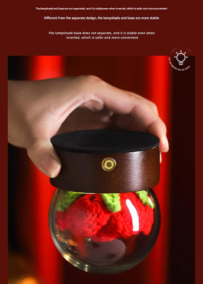 Pink Rose Handcrafted Crochet Flower LED Night Light - USB Rechargeable Glass Dome Lamp with Wood Base, 3 Color Modes