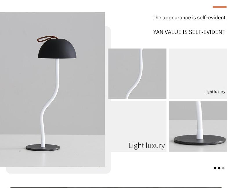 Black Sleek Minimalist LED Mushroom Table Lamp - Rechargeable 3-Color Touch Control, Bar & Ambient Light