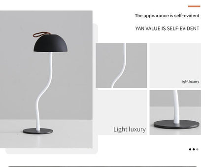 Black Sleek Minimalist LED Mushroom Table Lamp - Rechargeable 3-Color Touch Control, Bar & Ambient Light