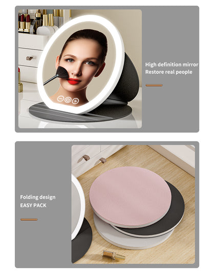 Black Large Round Foldable LED Makeup Mirror - 22cm Desktop Vanity with 3 Color Lights & Stepless Dimming