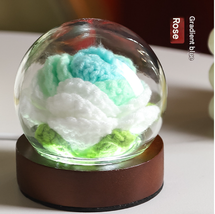 Gradient cyan Rose Knitted Flower LED Dome Lamp - USB Touch 3-Color Night Light