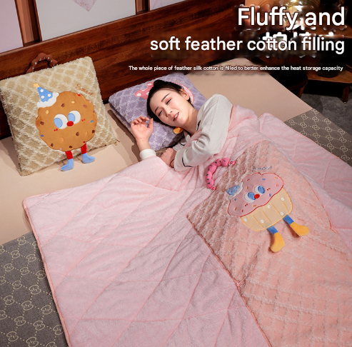 Brown Cartoon Cookie Pillow Blanket 2-in-1 for Winter Car and Office Use
