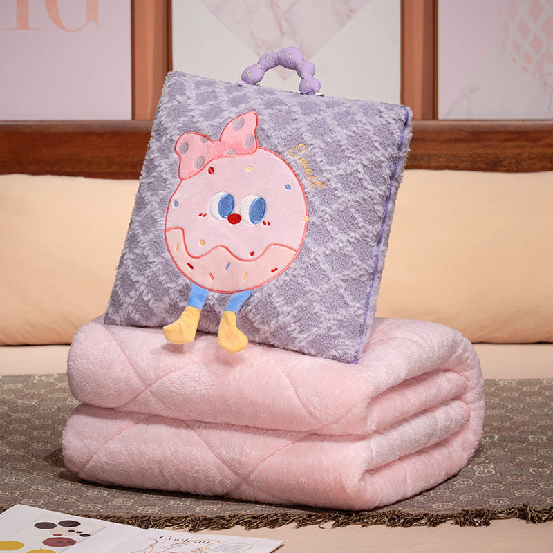 Purple Thick Fleece Cartoon Cookie Pillow Blanket 2-in-1 for Winter Car and Office Use