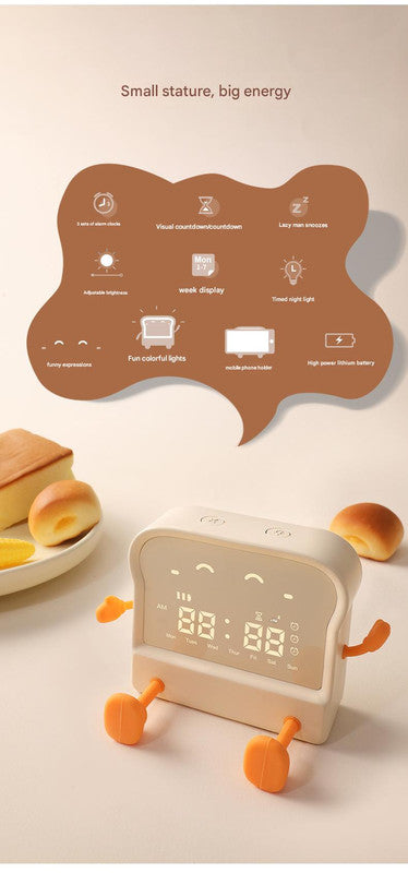 Adorable Toast-Shaped Digital Alarm Clock with Night Light & Phone Stand - Multifunctional Kids Clock(milky)