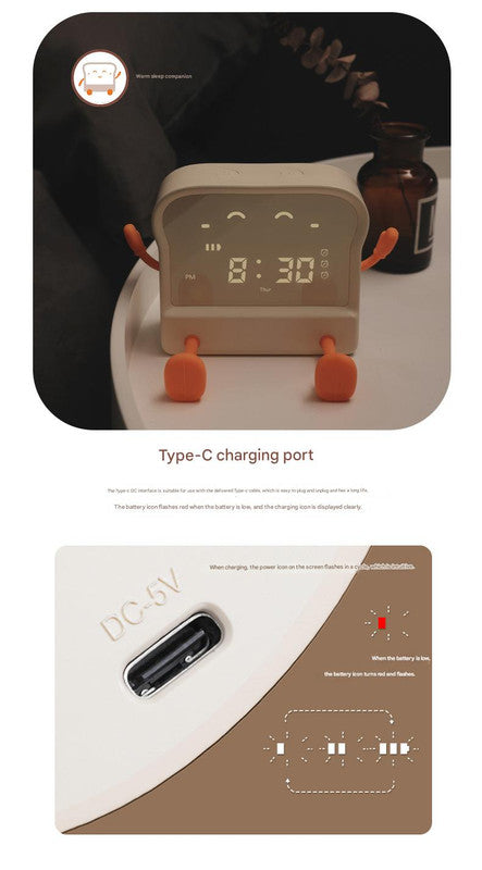 Adorable Toast-Shaped Digital Alarm Clock with Night Light & Phone Stand - Multifunctional Kids Clock(milky)