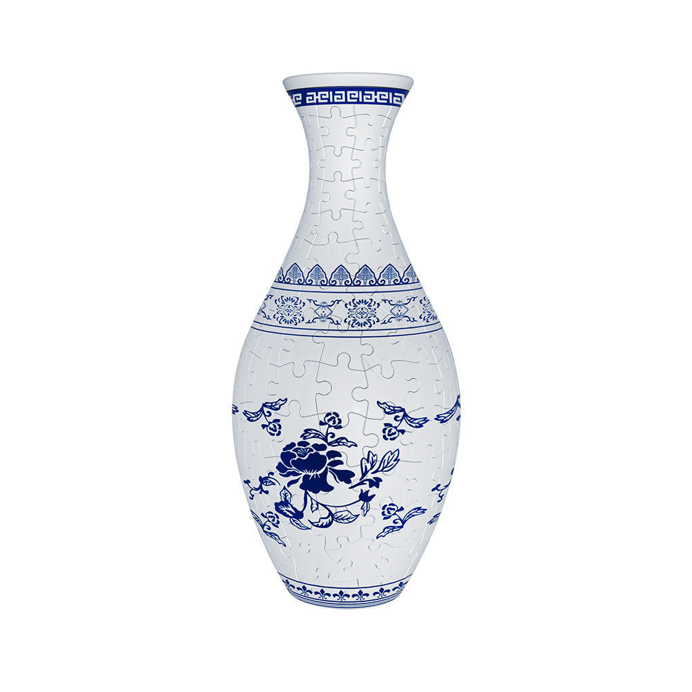 Unique 3D Puzzle Vase with Built-in Water Holder - Fun DIY Project (Blue and White)