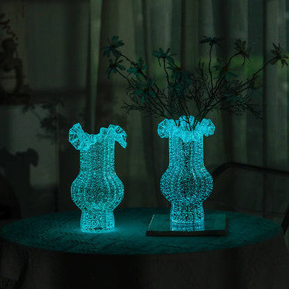 Pink Elegant Glow-in-the-Dark Glass Vase - Vintage-Style Ruffled & Ribbed Centrepiece