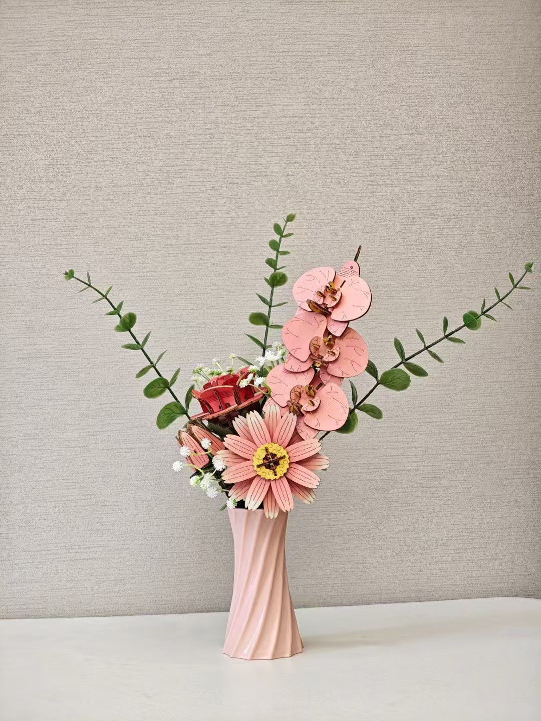 Pink DIY 3D Wooden Flower Bouquet Puzzle Set with Vase - Craft Kit for Kids and Adults