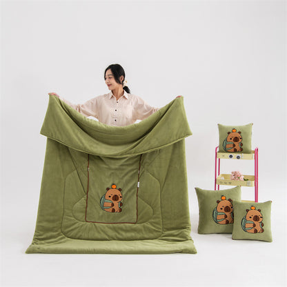 Green Kapybara - 2-in-1 Foldable Car Pillow Blanket - Cozy 40x40cm Pillow, Unfolds to 100x150cm Blanket for Travel and Office Naps