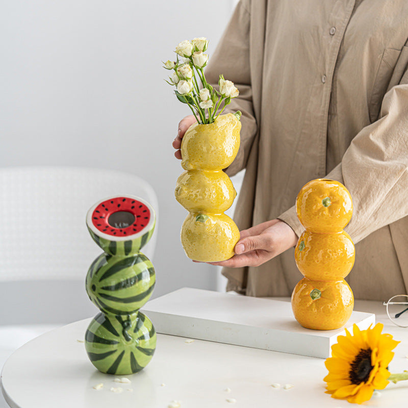 Lemon Whimsical Stacked Fruit Ceramic Vase - Nordic Style Flower Holder for Modern Home Decor