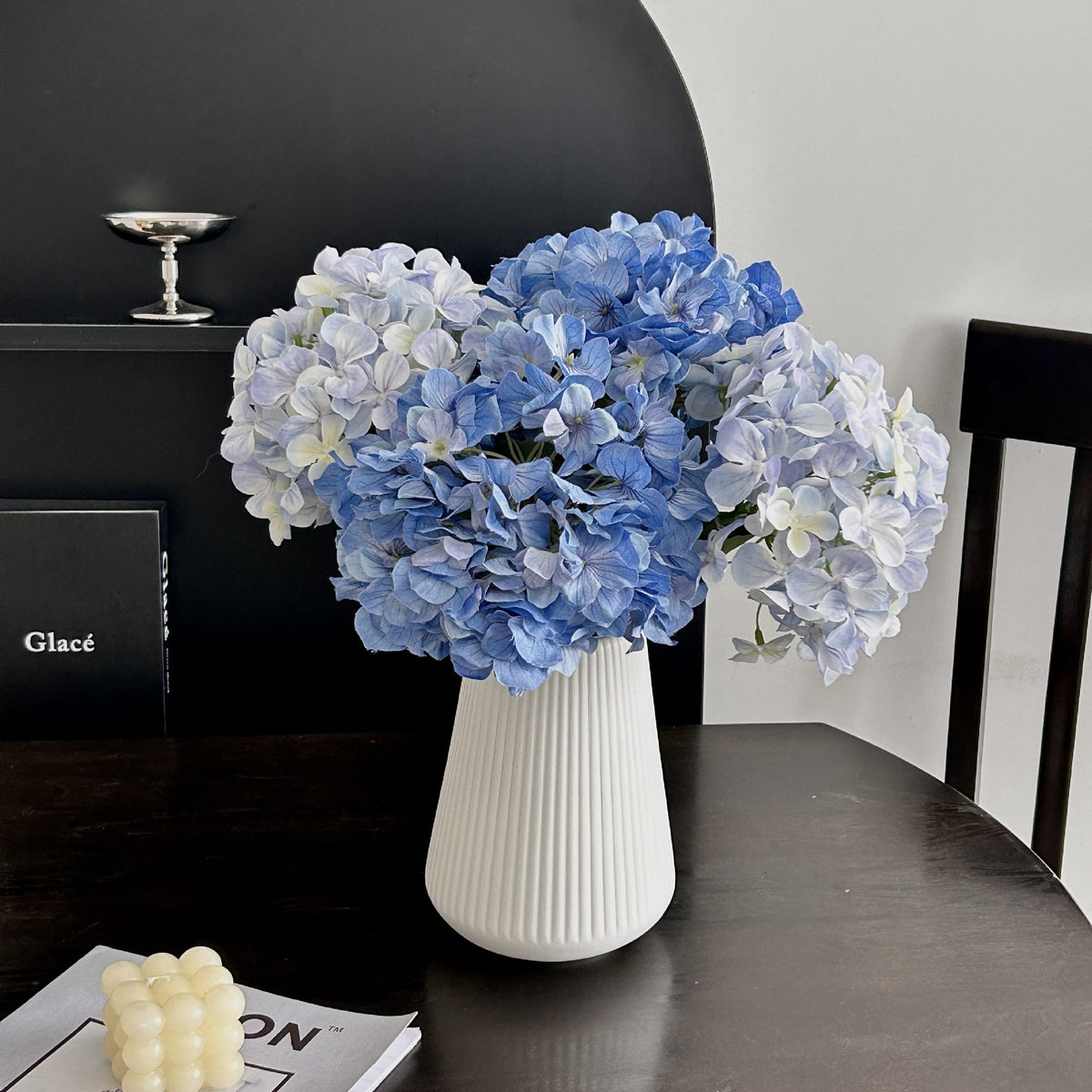 5-Piece Dark Blue Premium Lifelike Hydrangea Artificial Flowers- 60cm Long Stem Faux Floral Bouquet for Home, Wedding & Vase Decor