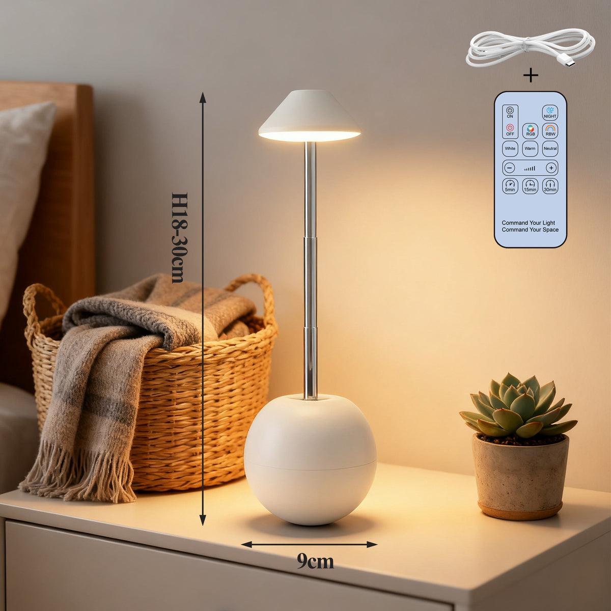White Creative Tumbler LED Night Light - Rechargeable RGB Desk Lamp with Remote Control - Height Adjustable, Brightness Adjustable, Bedside Ambient Light