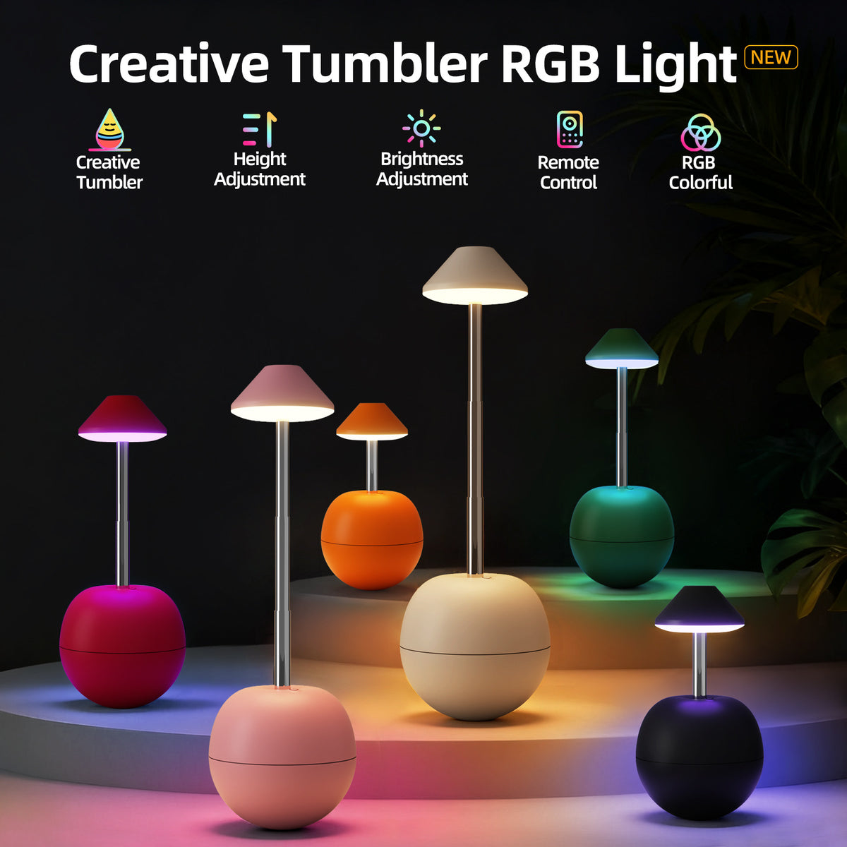 Orange Creative Tumbler LED Night Light - Rechargeable RGB Desk Lamp with Remote Control - Height Adjustable, Brightness Adjustable, Bedside Ambient Light
