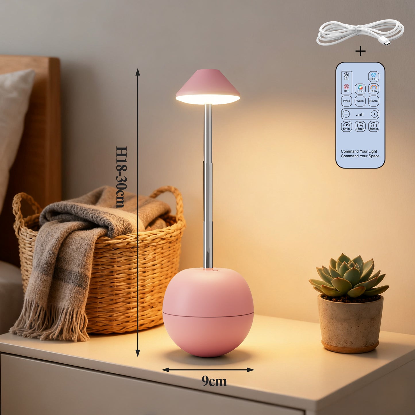 Pink Creative Tumbler LED Night Light - Rechargeable RGB Desk Lamp with Remote Control - Height Adjustable, Brightness Adjustable, Bedside Ambient Light