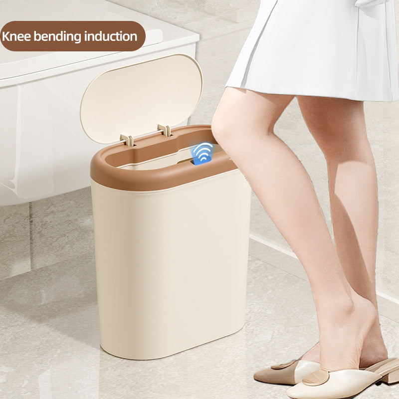 Beige and Brown Smart Sensor Trash Can – 15L Capacity, Compact Design for Home Use with Automatic Induction Opening(Three sensor modes)
