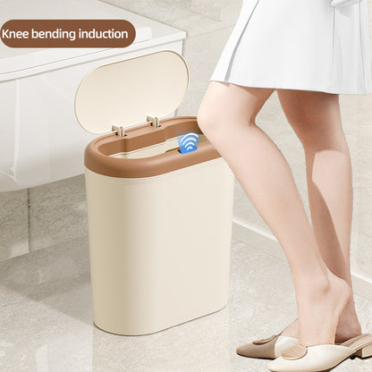 Beige and Brown Smart Sensor Trash Can – 15L Capacity, Compact Design for Home Use with Automatic Induction Opening(Three sensor modes)