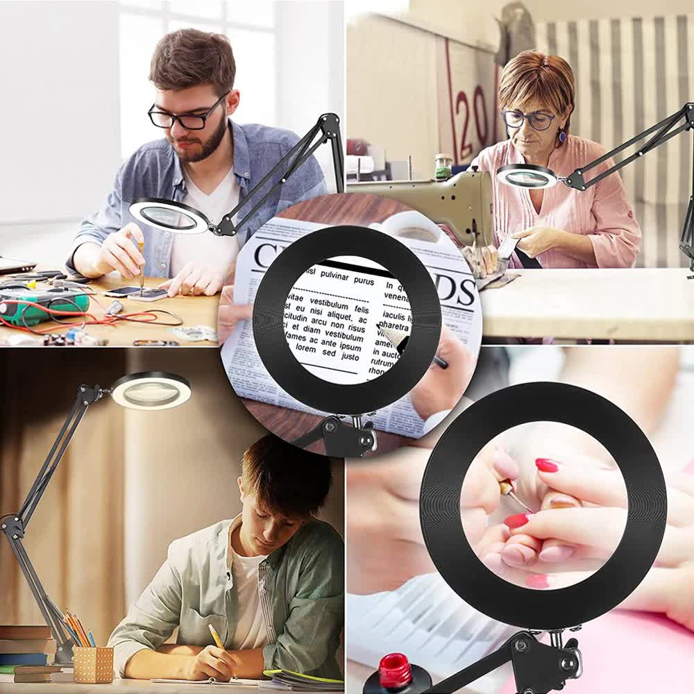 2-in-1 Black LED Magnifier Desk Lamp With Base and Clip - Hands-Free, Dimmable 3-Color Light for Crafts & Workbench