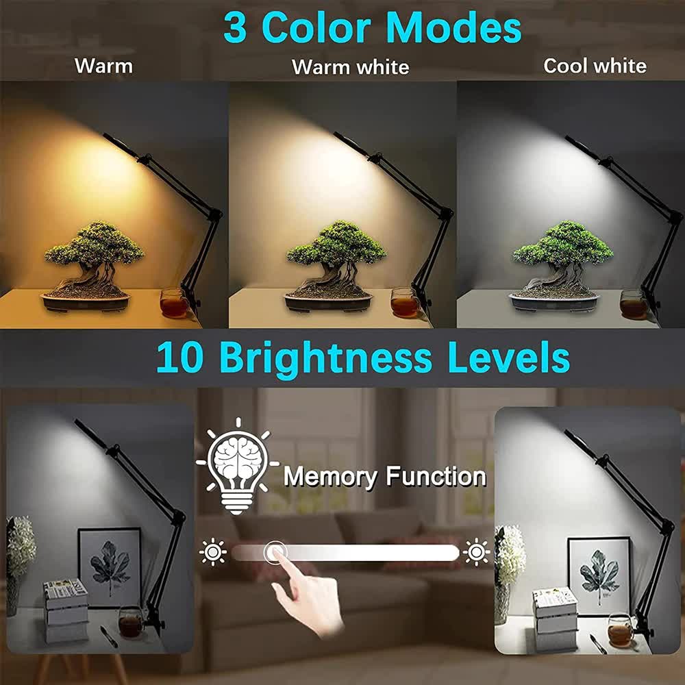 2-in-1 White LED Magnifier Desk Lamp With Base and Clip - Hands-Free, Dimmable 3-Color Light for Crafts & Workbench