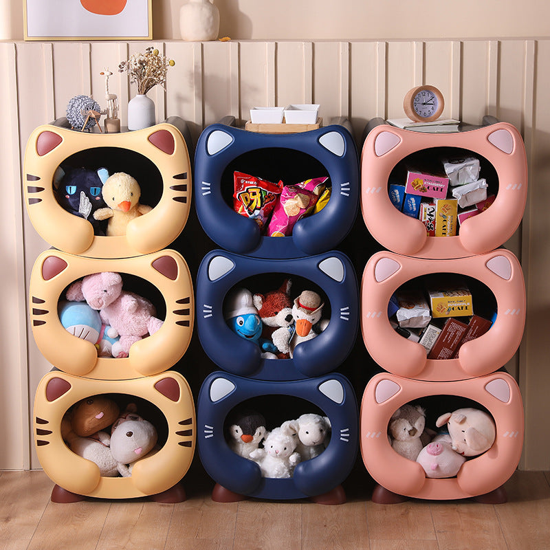 Yellow Cute Cat-Themed Stackable Storage Bin - Multi-purpose Pet Bed & Toy Organizer