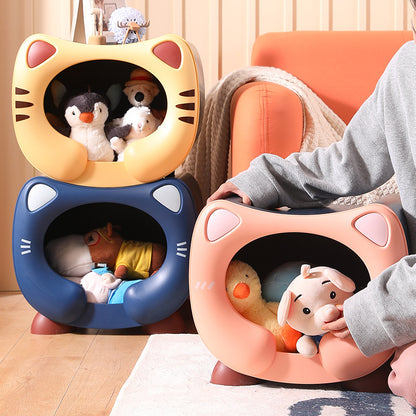 Blue Cute Cat-Themed Stackable Storage Bin - Multi-purpose Pet Bed & Toy Organizer