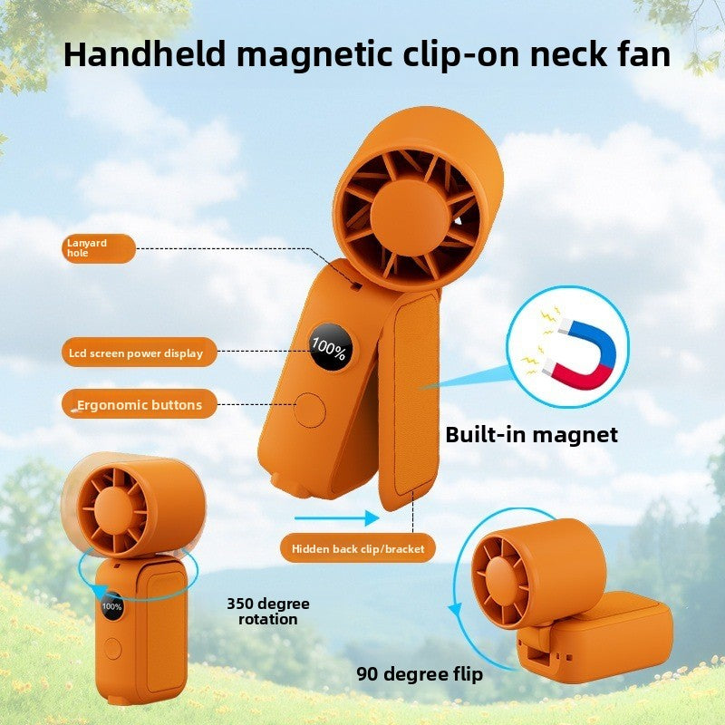 Orange Portable Handheld Fan 350 Degree Rotation Foldable Neck Hanging Waist Fan with Magnetic Base LED Display 5 Speed Personal Fan