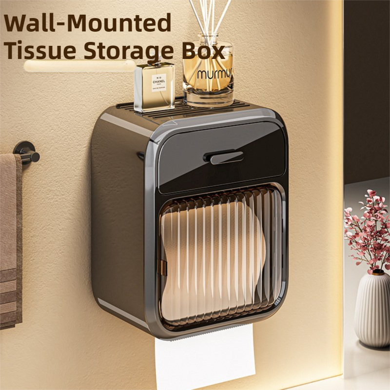 Black No-Drill Wall Mounted Toilet Paper Holder with Storage Shelf and Drawer - Waterproof Bathroom Tissue Dispenser for Roll & Face Tissue