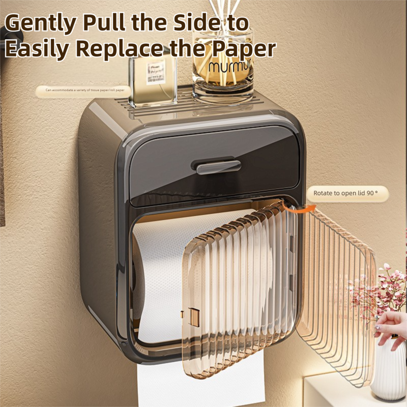 Black No-Drill Wall Mounted Toilet Paper Holder with Storage Shelf and Drawer - Waterproof Bathroom Tissue Dispenser for Roll & Face Tissue
