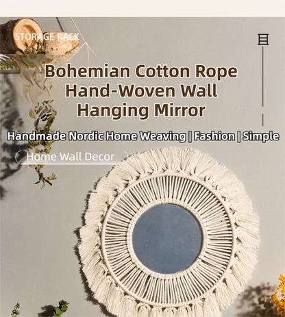 M0864 Bohemian Macrame Wall Hanging Mirror with Hand-Woven Petal Accents - Artistic Round Fringe Mirror for Home Decor