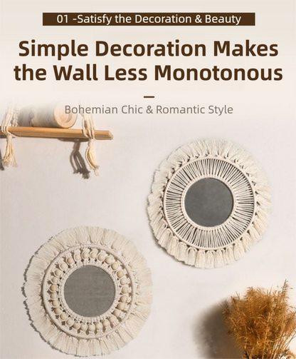 M0864 Bohemian Macrame Wall Hanging Mirror with Hand-Woven Petal Accents - Artistic Round Fringe Mirror for Home Decor