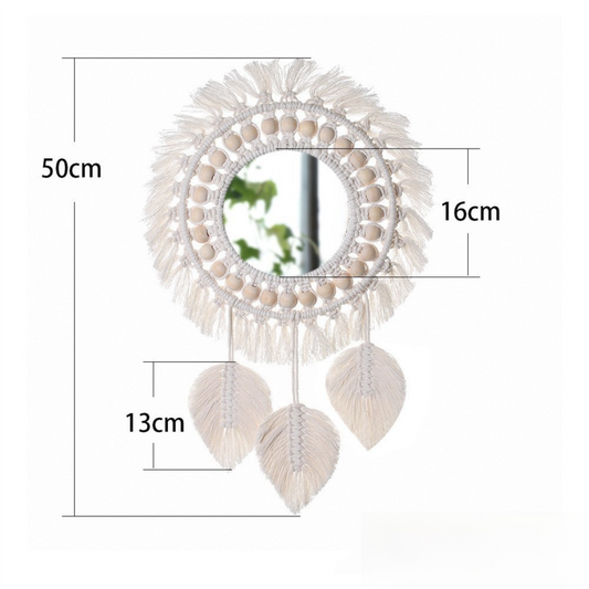 M0404 Bohemian Macrame Wall Hanging Mirror with Hand-Woven Petal Accents - Artistic Round Fringe Mirror for Home Decor