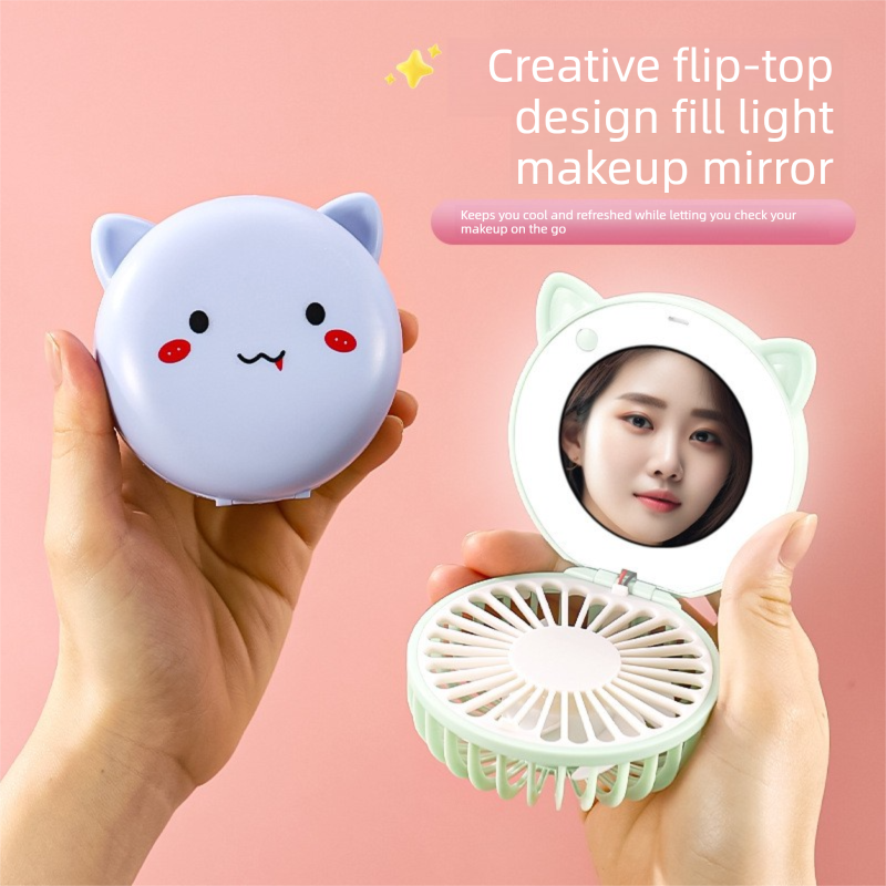 Blue 3-in-1 Mini Portable Fan with Makeup Mirror and LED Fill Light USB Rechargeable Pocket Sized Cooling Solution for Students and Local Professionals