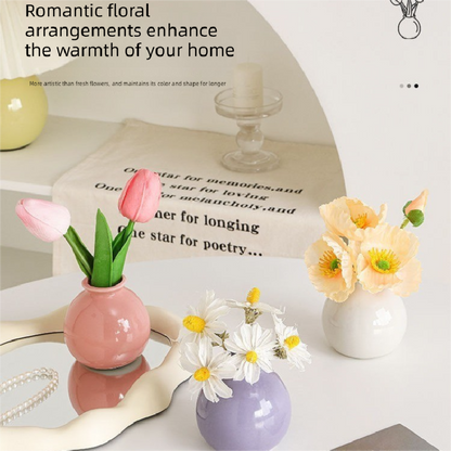 Ceramic Vase with Poppy Artificial Flowers Set – Mini Decorative Pot for Home Living Room or Desk Display