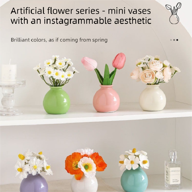 Ceramic Vase with Poppy Artificial Flowers Set – Mini Decorative Pot for Home Living Room or Desk Display