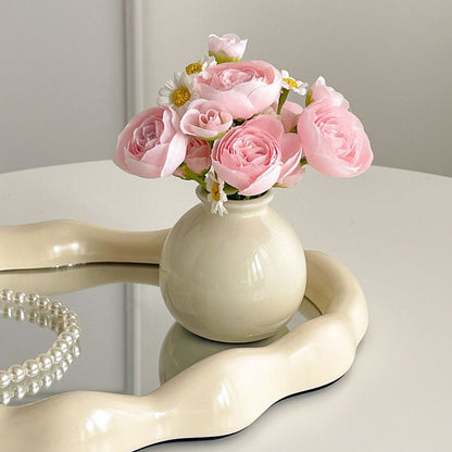 Ceramic Vase with camellia bud Artificial Flowers Set – Mini Decorative Pot for Home Living Room or Desk Display