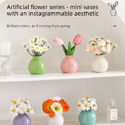 Ceramic Vase with Hydrangea Artificial Flowers Set – Mini Decorative Pot for Home Living Room or Desk Display