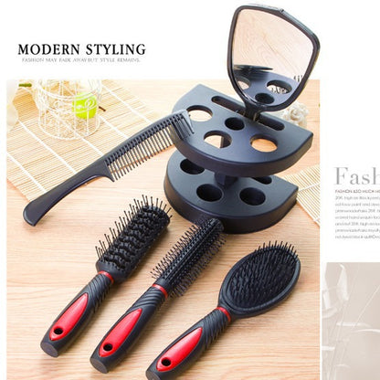 Red 5-Piece Hair Care Set with Rotating Stand – Includes Flat Comb, Styling Brush, Massage Comb, Round Brush, and Handheld Mirror