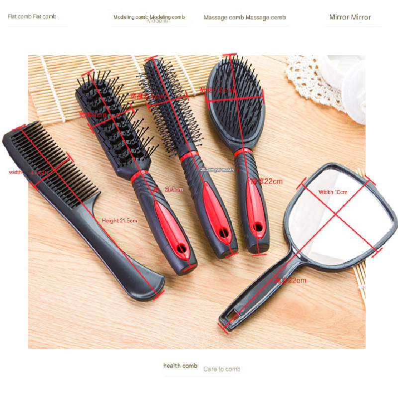 Blue 5-Piece Hair Care Set with Rotating Stand – Includes Flat Comb, Styling Brush, Massage Comb, Round Brush, and Handheld Mirror