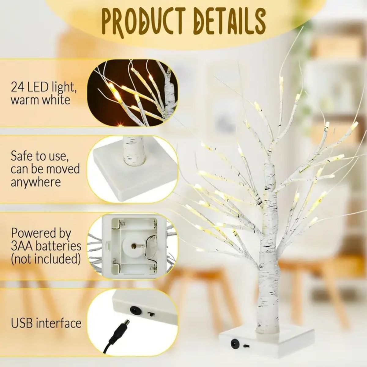 24 LEDS Birch Tree Lamp with Bendable Branches Style - Warm White Romantic Decorative Night Light Decor