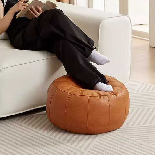 Orange Faux Leather Pumpkin Pouf Cover - DIY Unfilled Round Ottoman for Clothes Storage and Footrest - 50x30cm Versatile Home Decor