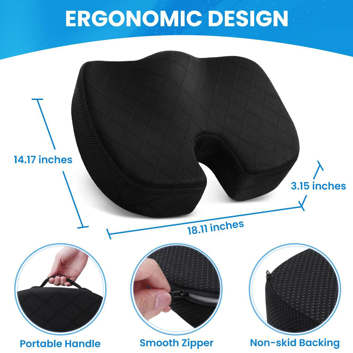 Black Memory Foam Seat Cushion – Ergonomic Support for Office, Car, Wheelchair, and Home Use