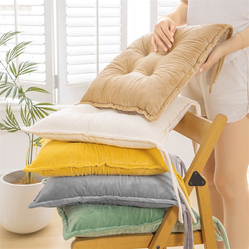 Grey Plush Tufted Chair Cushion – 45x45cm Square Seat Pad with Ties for Dining & Office (Machine Washable)