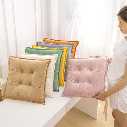 Light Green Plush Tufted Chair Cushion – 45x45cm Square Seat Pad with Ties for Dining & Office (Machine Washable)